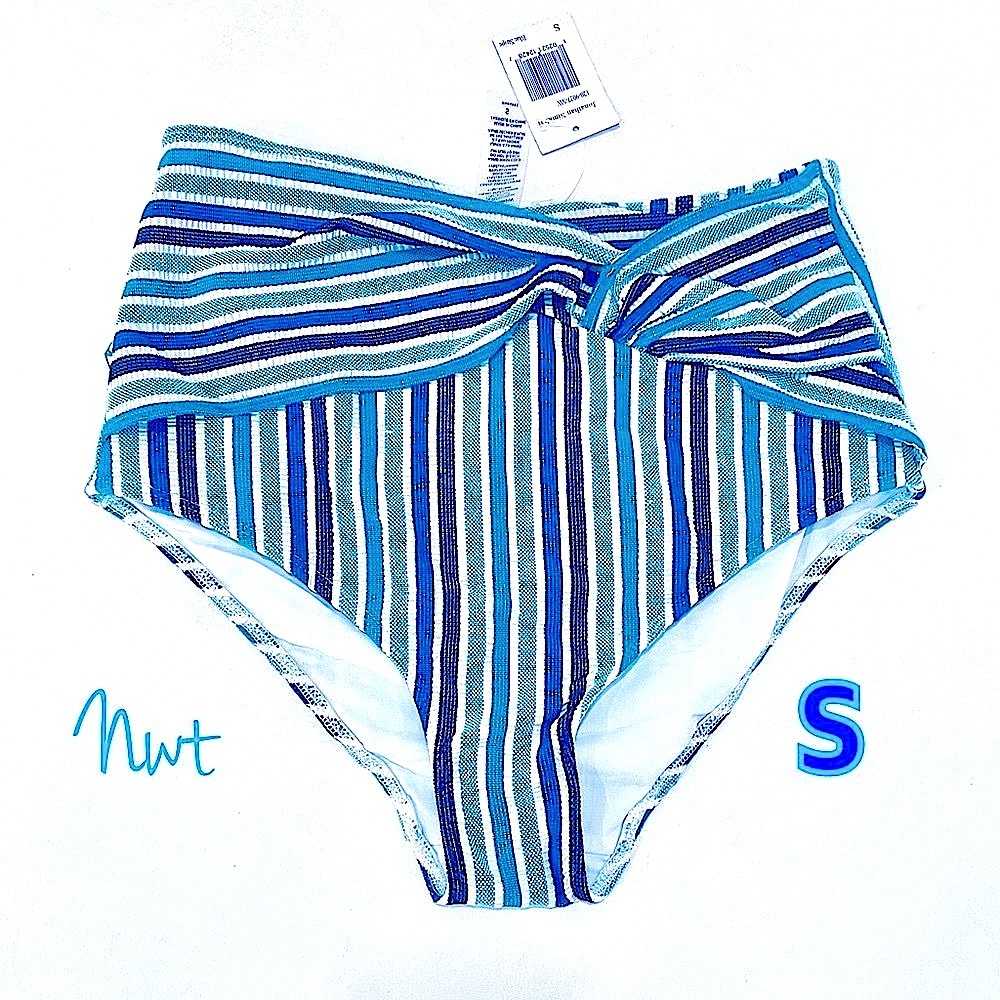 NWT S Jonathan Simkhai blue metallic stripe high waisted bikini shorts high rise